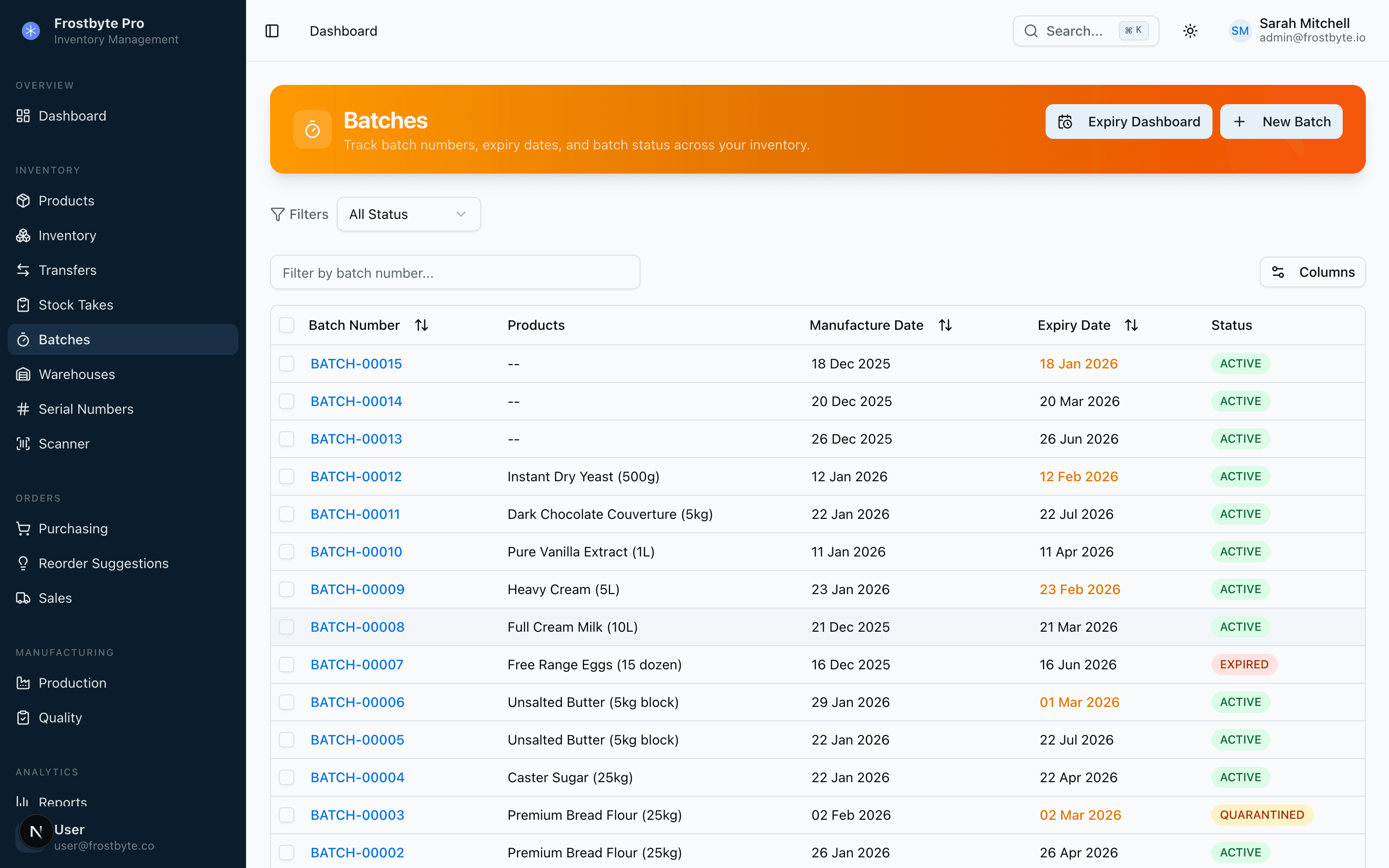 Frostbyte Pro Batches showing batch numbers, expiry dates, status, and traceability across products
