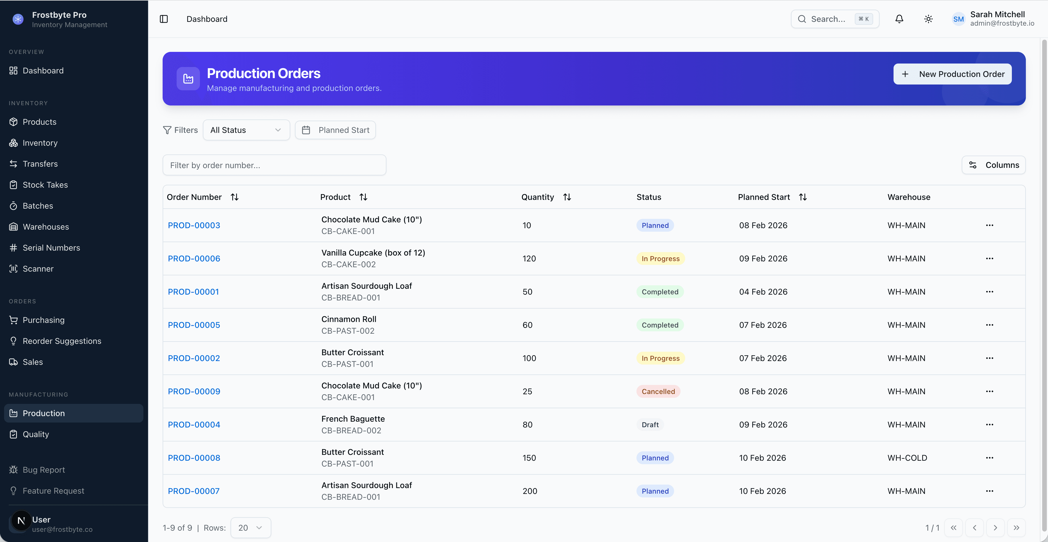 Frostbyte Pro Production Orders showing manufacturing order management, status tracking, planned start dates and warehouse assignment