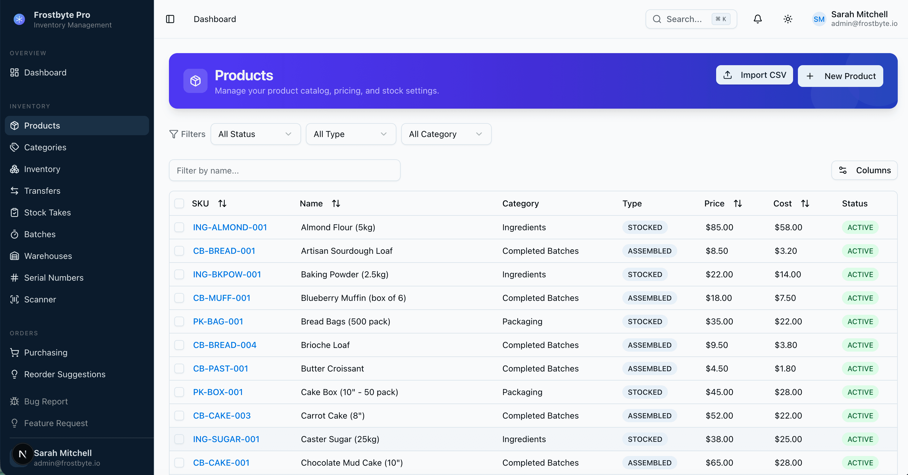 Frostbyte Pro Batches with batch tracking, expiry dates, quantities, and product traceability