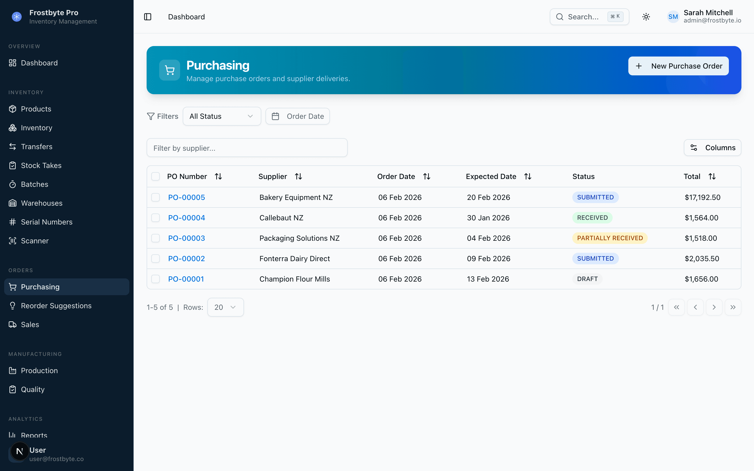 Frostbyte Pro Purchasing showing purchase orders with suppliers, statuses, and totals