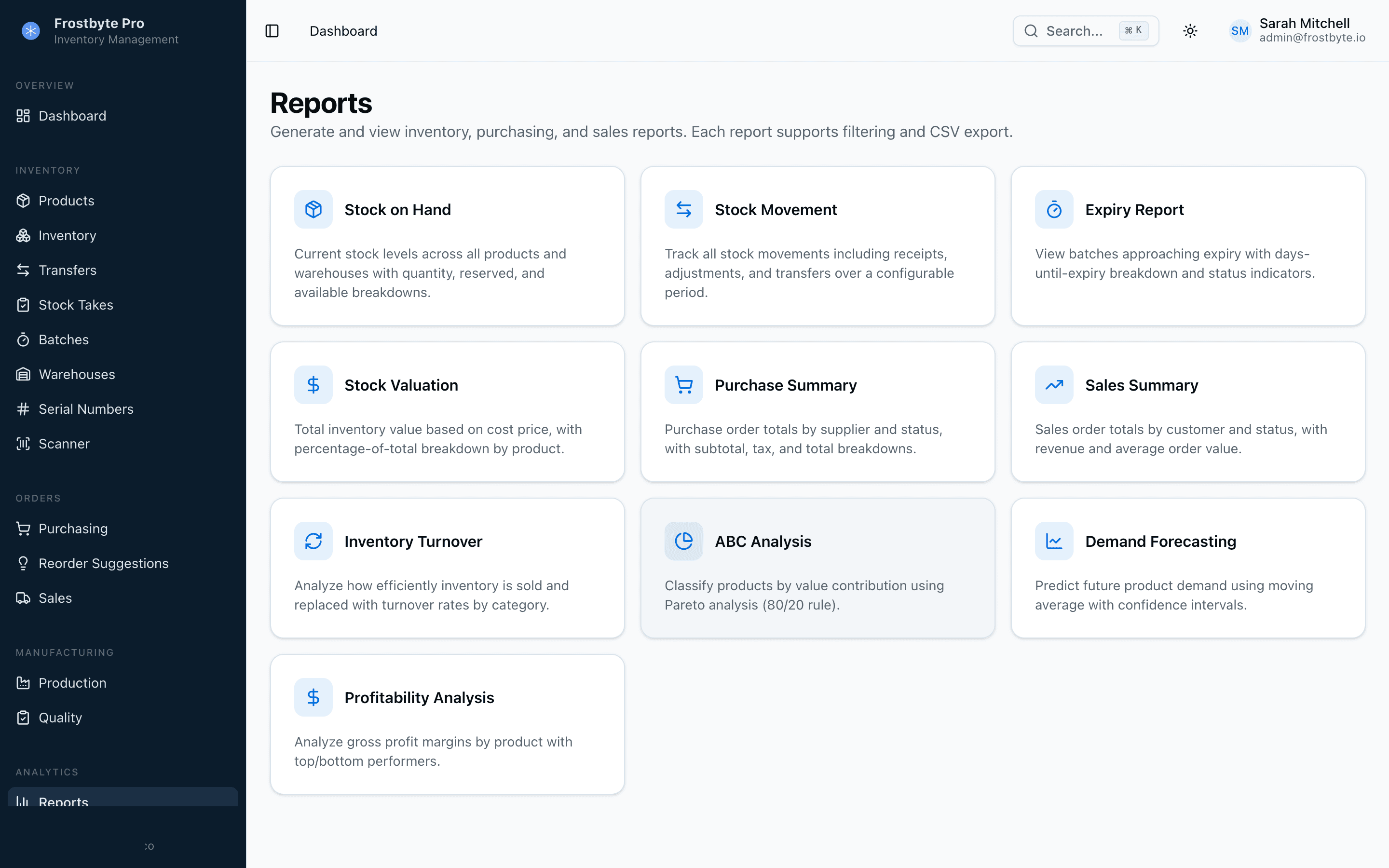 Frostbyte Pro Reports showing stock on hand, movement, valuation, turnover, and forecasting reports