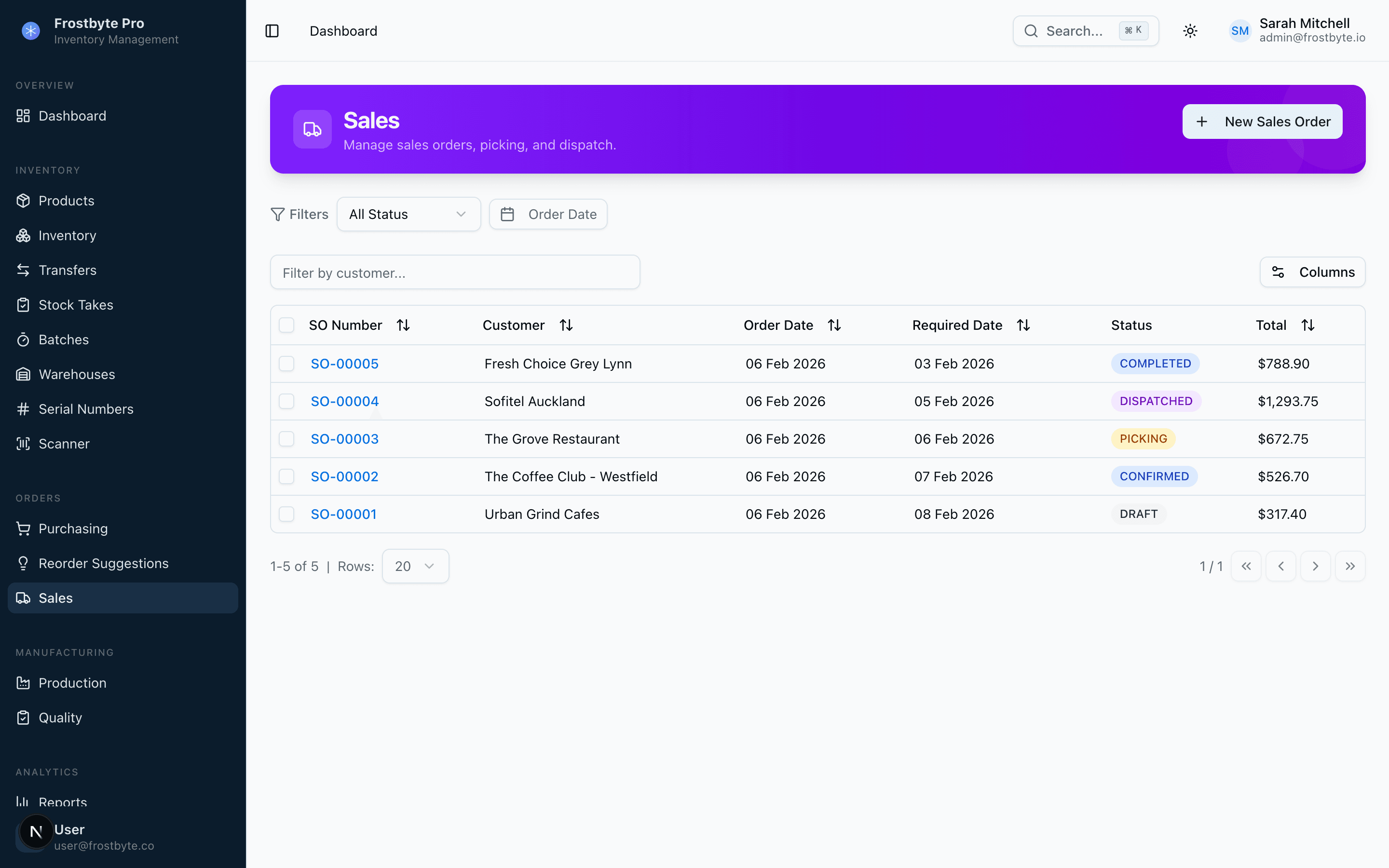 Frostbyte Pro customer record showing multiple contacts, ship-to and bill-to addresses, credit limit, available credit, customer group and standing discount
